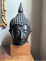 Front view of bust showing facial features, patina and surface wear