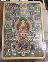 Full frontal view of framed thangka painting