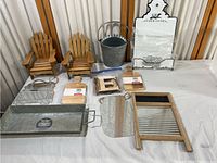 Overview of all items in the lot showing wooden miniature Adirondack chairs, galvanized trays, metal 'Farm Fresh' sign, bucket, and crafting supplies.