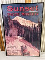Full view of the framed vintage Sunset Pacific Monthly magazine cover poster showing the scenic landscape, car, and magazine title text.