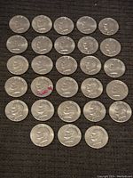 Obverse side of 30 Eisenhower one-dollar coins, showing President Eisenhower's profile on each coin.