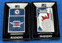 Pair of two vintage Zippo lighters featuring Winnipeg Jets NHL designs in original boxes with NHL logo