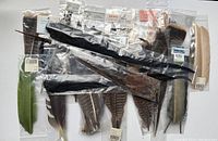 Wide view of multiple fly fishing feathers in plastic packaging and loose arranged flat on white background