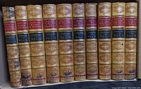 Row of leather-bound volumes showing spines of all titles in the lot.
