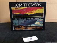 Front cover of the Tom Thomson art book titled 'The Silence and The Storm' showing color images of landscape paintings and the artist's name.