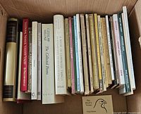 Box of poetry books showing spines with titles and authors.