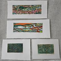 Four colorful Ruth Leaf woodblock etchings laid out on textured surface, showing all four designs including Chinese Cliffs, Chinese Flower Field, Meadow, and Field. Images show varied sizes and signatures.