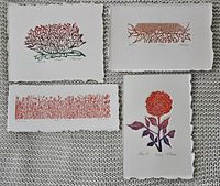 All four unframed woodblock etchings laid out showing detailed botanical designs with signatures and numbering visible.