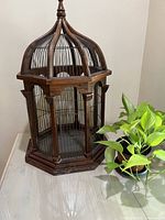 Front view of the large wooden bird cage with steel wire dome and base, showing hexagonal shape and small front door.