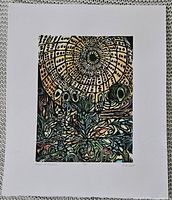 Full view of the colored woodblock print showing dome pattern and flowers, on a 15x18 sheet