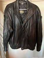 Front view of Danier black leather jacket showing zipper closure, snap buttons, and stitching details on sleeves.