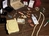 Wide view of all jewelry items displayed on a table showing the variety in the lot including pins, earrings, necklaces, bracelets, and a jewelry box.