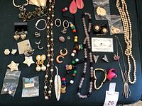 Overview photo showing multiple costume jewelry items including necklaces, earrings, brooches, and pins
