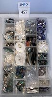 Photo showing plastic organizer case with multiple compartments holding various seashells, mother of pearl discs, abalone shell pieces, and some purple stone pieces for jewelry making.