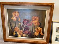 Frontal image showing the entire iris flower painting along with wood frame and linen mat.