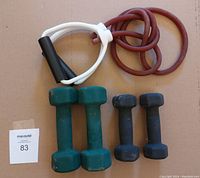 Photo showing one brown loop resistance band with black handles and one white clip with two pairs of neoprene dumbbells, one green pair and one black pair.