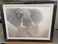 Framed elephant giclee canvas print with white mat and black frame, wrapped in protective plastic.