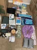 Full lot overview including essential oil bottles, hot and cold gel packs, neck warm buddy, heating pad, and carrying pouch