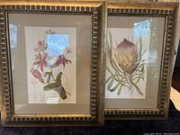 Two flower prints side by side showing frames and matting, both botanical style floral illustrations