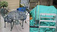 Left side: ornate metal bistro table and two chairs on patio