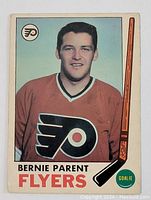 Front of 1969-70 O-Pee-Chee Bernie Parent hockey card showing player portrait and team logo.