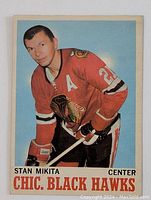 Front side of the vintage 1970-71 O-Pee-Chee Stan Mikita hockey card showing the player in Chicago Black Hawks uniform.