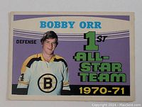 Front of the 1971-72 O-Pee-Chee Bobby Orr hockey card showing the player image and 1st All-Star Team 1970-71 text.