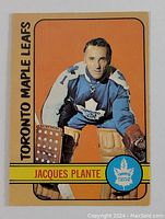 Front of Jacques Plante 1972-73 OPC hockey card showing player photo, team, and name.