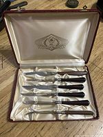 Photo of six cutlery pieces in a silk-lined presentation case bearing the 'gh the connoisseurs choice' logo. Contains steak knives and specialty utensils.