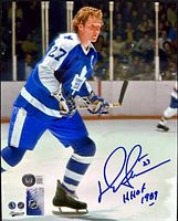 Color 8x10 photo of Darryl Sittler in Toronto Maple Leafs uniform signed with blue ink, visible Beckett BAS COA hologram sticker.
