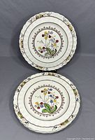 Two vintage floral dinner plates displayed upright showing scalloped edges, intricate floral pattern with cowslip flowers at center with a brown ornamental border.