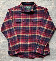 Full front view of Woolwich heavy cotton plaid jacket shirt showing button front, collar, and long sleeves with button cuffs.