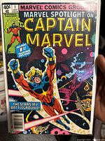 Front cover of Marvel Spotlight on Captain Marvel #1 comic book, showing Captain Marvel floating in space with spacecrafts and stars, cover price 40 cents, issue dated July 1977.