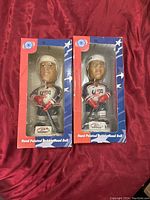 Two hand painted bobblehead dolls in original blue, red, and white USA Hockey boxes with clear front windows, displayed against a red fabric background.