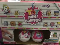 Box packaging showing two Toy Mini Brands Series 2 surprise balls and images of miniature brand products.