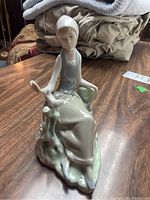 Front view of the Lladro porcelain figurine showing seated woman holding a basket and a dove at her side.