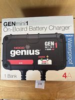 Front of box showing product name and main features including waterproof, 1 bank, 4A current