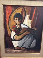 Frontal full image of original oil painting of a Mexican boy holding a chicken in a beige linen-wrapped frame.