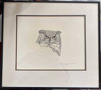 Full view of the framed pen and ink drawing showing the owl's face centered on the paper with artist's signature and date on lower right.