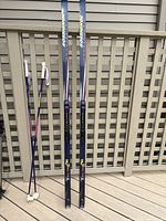 Full view of pair of Rossignol AR Touring cross country skis and matching poles leaning against lattice wall.