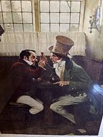 Close-up of the print showing two men toasting, wearing period clothing inside a room with glass-paned windows and curtains.