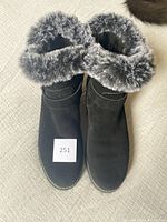 Top-down view of the pair of black suede ankle boots showing the fur lining around the top edges.