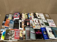 Front view of 41 books arranged in five rows, showing various titles and subjects including spiritual, physics, woman issues, and philosophy