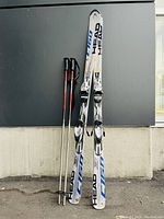Full view of Head L160 skis and Gabel ski poles standing upright showing length and graphics.