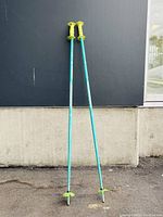 Full view of the two teal ski poles with yellow handles and baskets leaning against a wall.