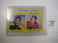1972-73 Topps NHL Scoring Leaders card featuring Phil Esposito (Boston Bruins) and Bobby Clarke (Philadelphia Flyers) inside protective sleeve, photographed from slightly different angles.