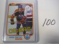 Front photo of 1982 Topps Wayne Gretzky hockey card showing player in Oilers uniform.