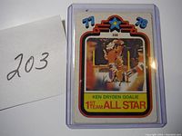 Close-up photo of the 1977-78 Ken Dryden 1st Team All-Star hockey card with unique number 330 in a plastic sleeve.