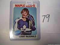 Front of the 1975 Lanny McDonald hockey card showing player portrait and team.