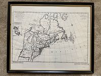 Framed black and white vintage map showing Eastern North America, in very good condition.
